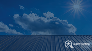 Close-up of brown metal roof under bright Florida sun and blue sky, highlighting energy efficiency and UV resistance benefits.
